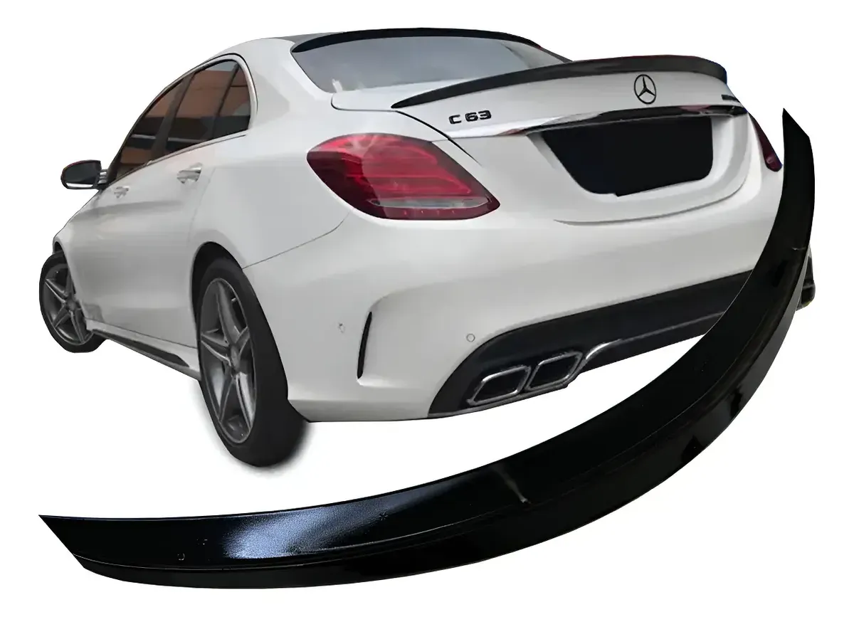 Aerofólio becquim preto brilhante para Mercedes Classe C sedã, mostrado abaixo de um C63 branco com o becquim instalado na tampa do porta-malas