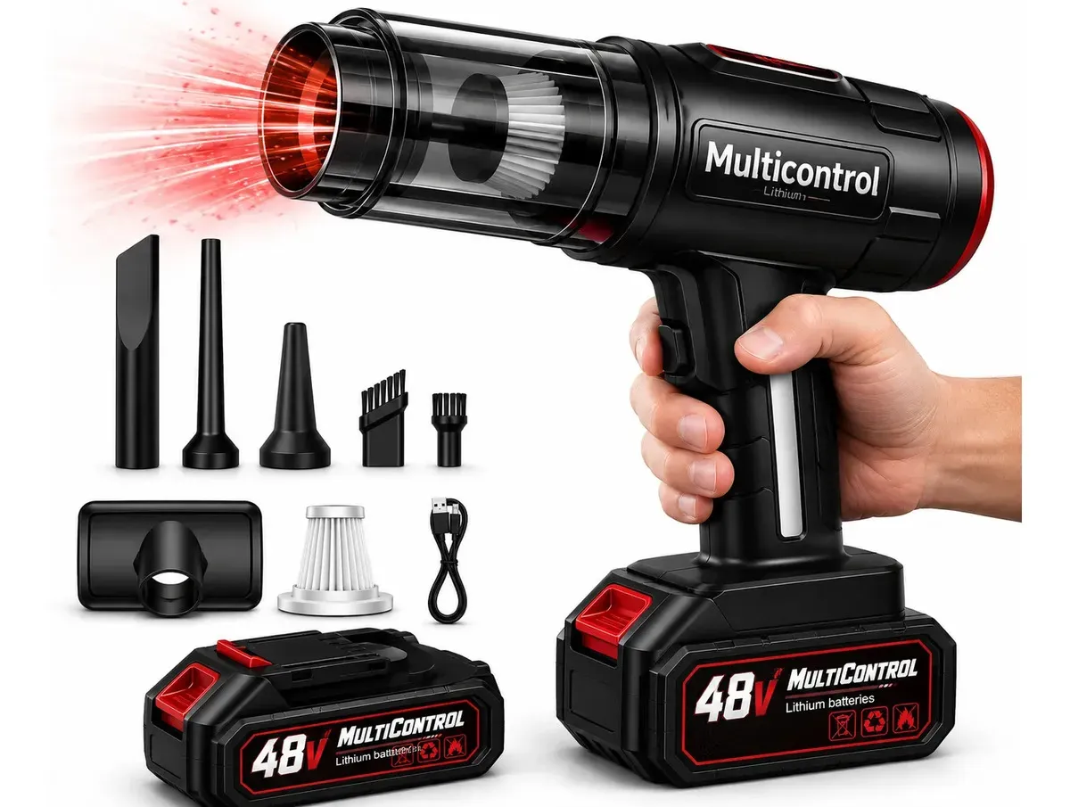Aspirador de pó portátil Multicontrol preto no formato de pistola, com duas baterias de lítio 48v e um kit de bicos e filtro ao lado