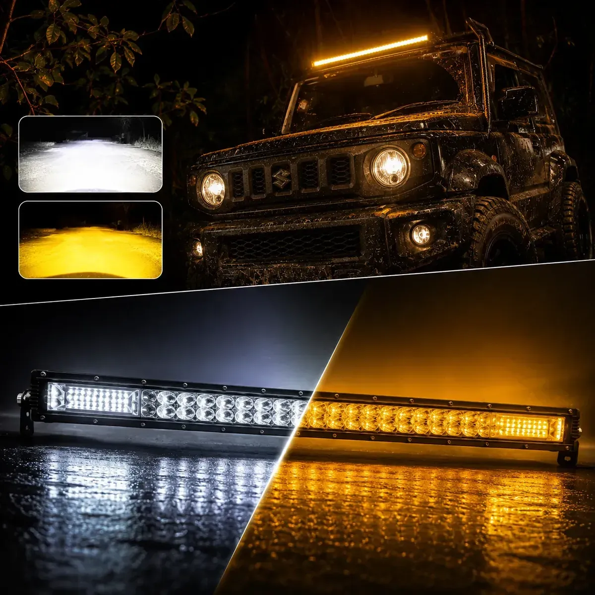 Barra de LED de 32 polegadas dual color acesa em branco e amarelo, instalada no teto de um 4x4 em trilha à noite