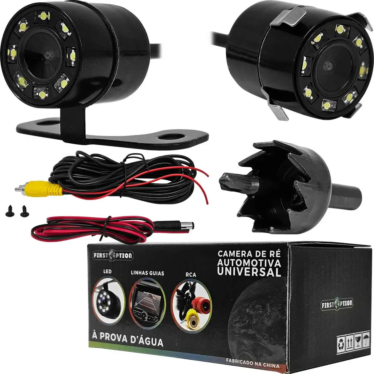 Câmera de ré automotiva universal com 8 LEDs de visão noturna, suporte de fixação, cabo RCA e caixa da First Option