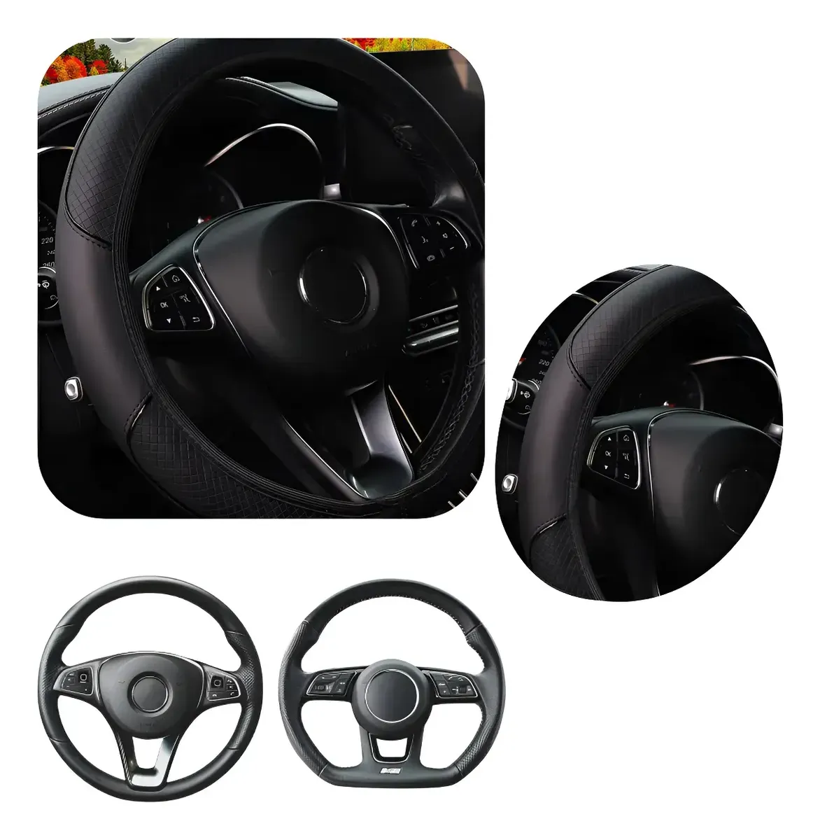 Capa de volante universal preta antiderrapante com textura, mostrada instalada em diferentes volantes