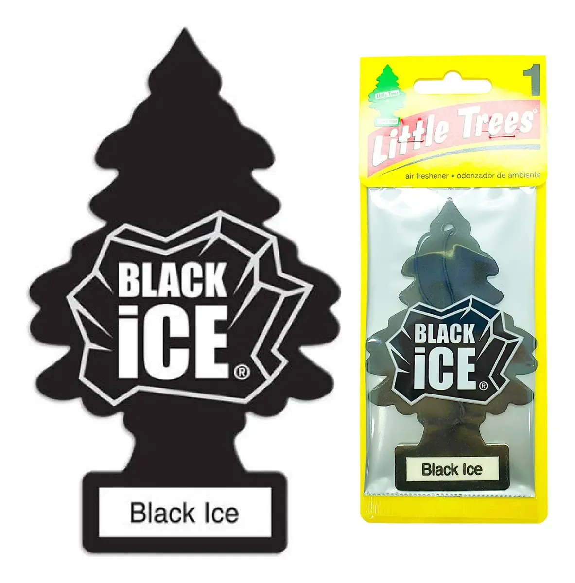 Aromatizante Little Trees Black Ice, o cheirinho em formato de árvore preto, ao lado da embalagem original amarela