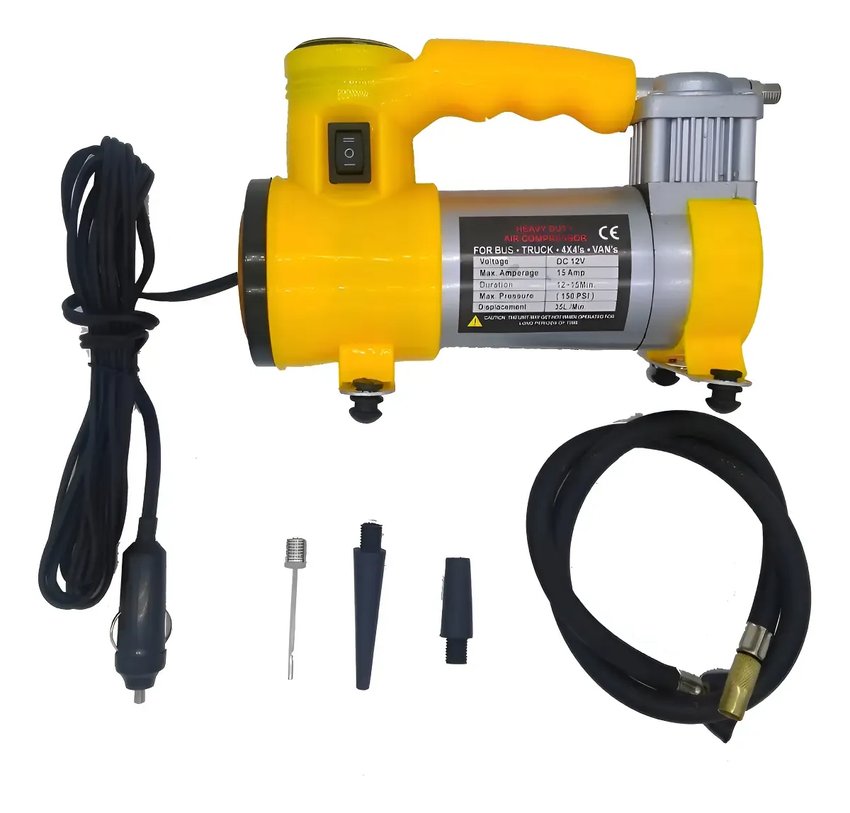 Mini compressor de ar 12V amarelo com lanterna, plugue de isqueiro, mangueira e bicos de encher pneu, bola e boia