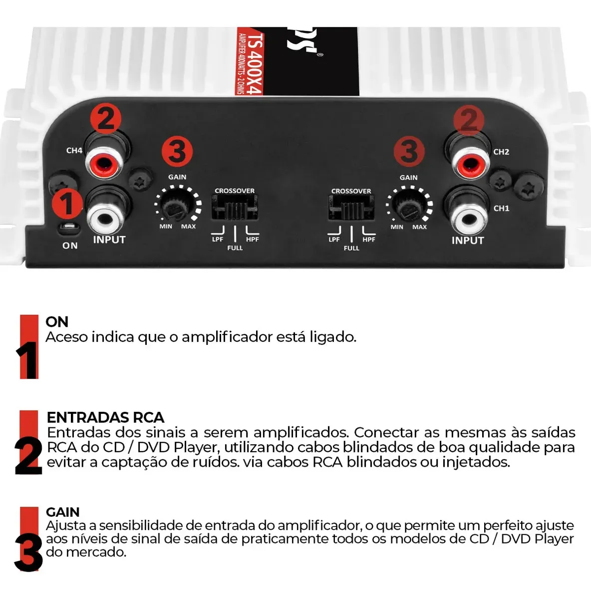 Módulo amplificador Taramps TS-400x4 de 4 canais, aparelho compacto preto para som automotivo