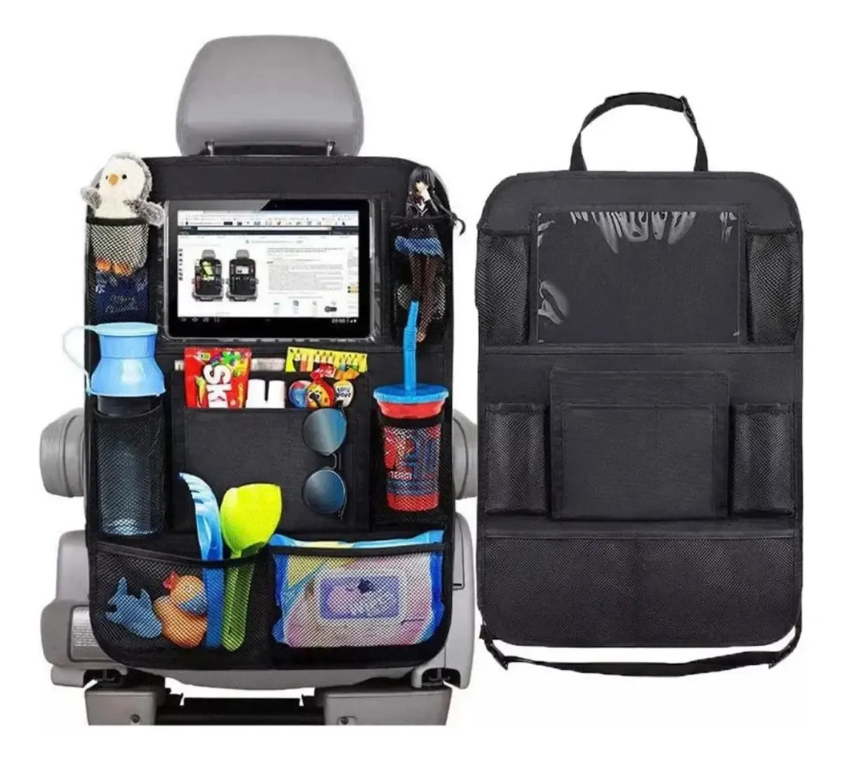 Organizador de banco traseiro preto pendurado no encosto do banco da frente, com porta-tablet transparente, bolsos de tela e porta-copos