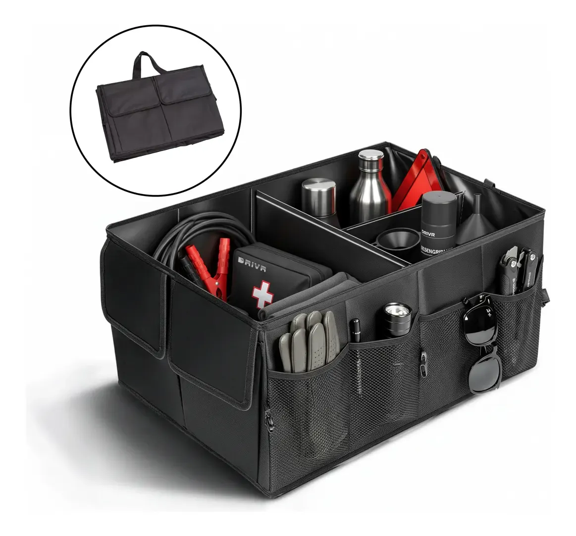 Organizador de porta-malas dobrável preto da DRIVR, com divisórias e bolsos de tela cheios de itens, e um detalhe mostrando ele dobrado plano