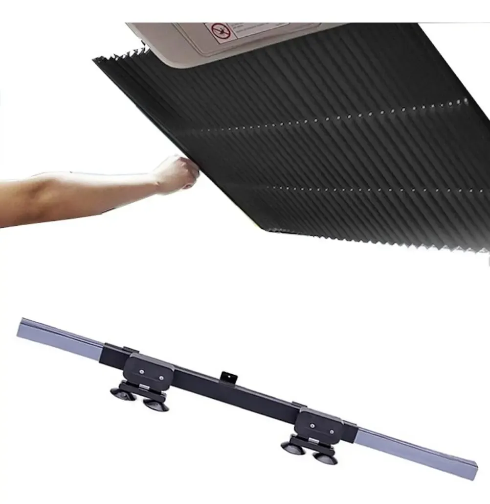 Protetor solar retrátil de para-brisa preto, fixado no alto do vidro por ventosas e puxado para baixo como uma cortina