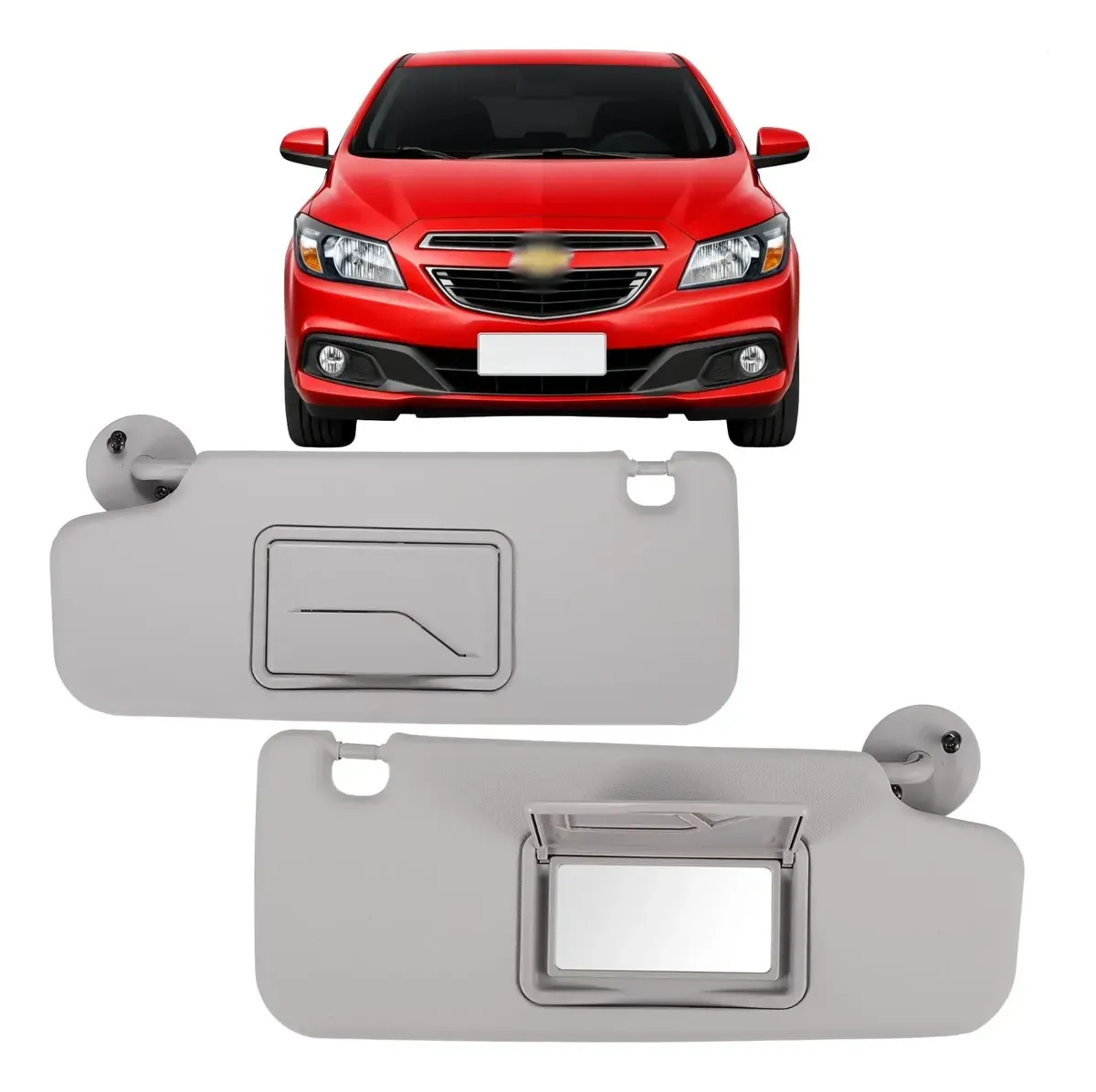 Par de quebra-sol cinza para Chevrolet Onix e Prisma 2014 a 2018, um lado com espelho e tampa e o outro com prendedor, com um Onix vermelho ao fundo