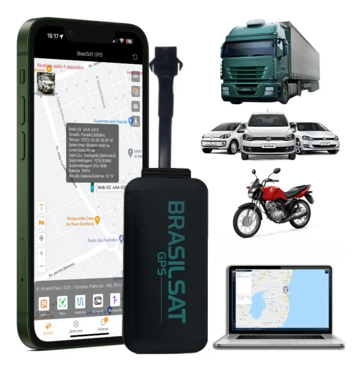 Rastreador GPS veicular 4G da BrasilSat, aparelho pequeno preto para instalar no carro e acompanhar pelo app do celular