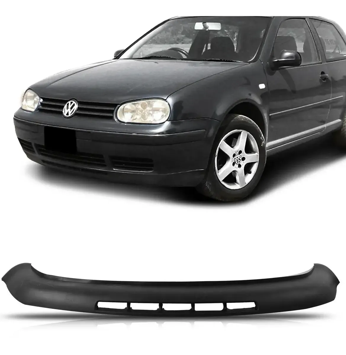 Saia spoiler dianteira preta para Volkswagen Golf 1999 a 2006, mostrada abaixo de um Golf cinza da mesma geração