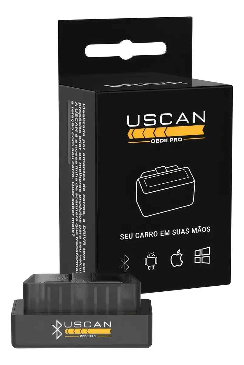 Scanner OBD2 Bluetooth Uscan OBDII Pro, aparelho preto pequeno ao lado da caixa, compatível com Android, iOS e Windows