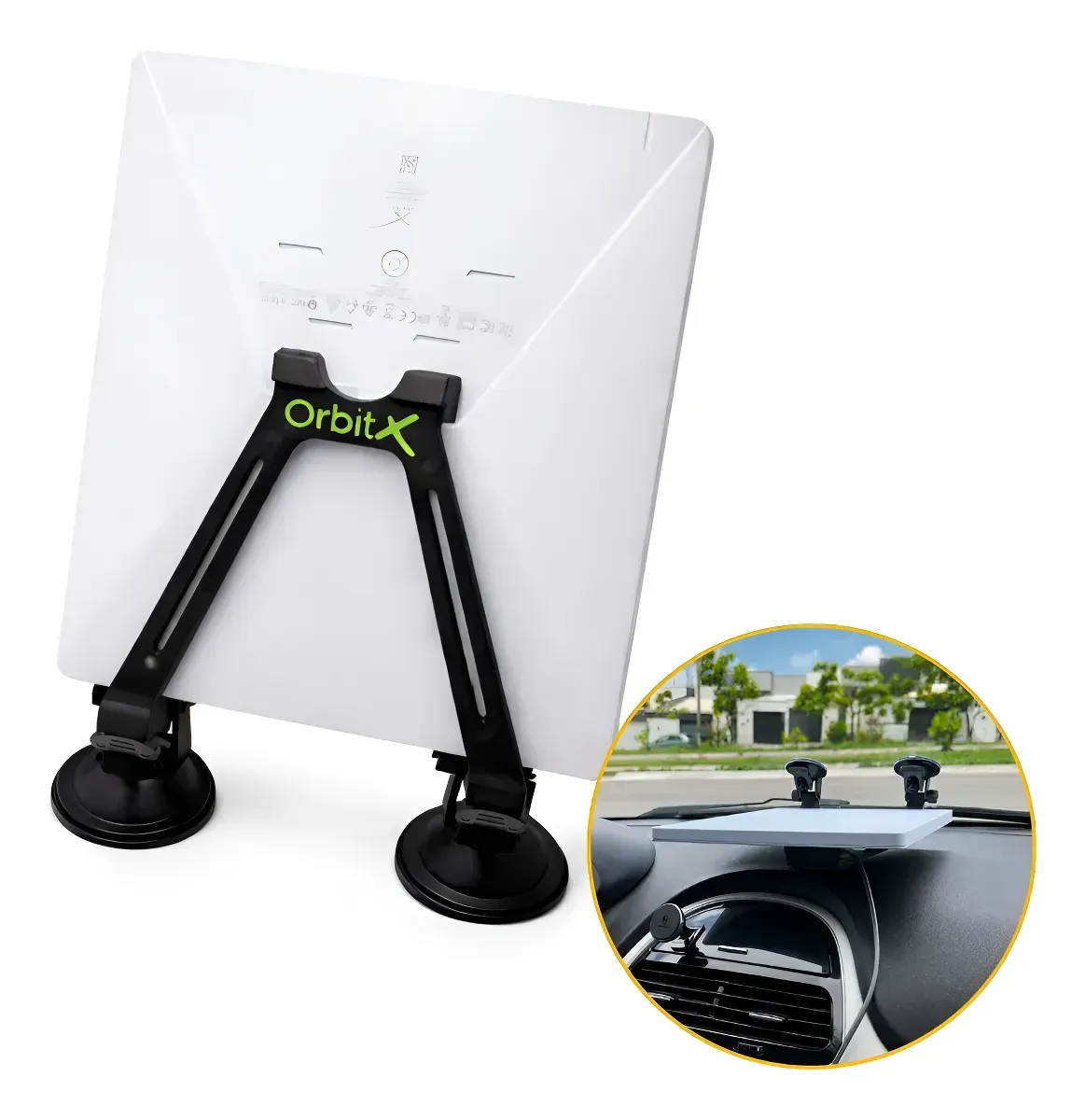 Suporte OrbitX de painel para Starlink Mini, com duas ventosas e braço articulado segurando a antena, e um detalhe mostrando o conjunto instalado no painel do carro
