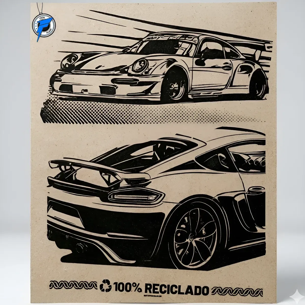 Tapete de papel descartável automotivo em papel kraft reciclado com desenho de carros esportivos impresso em preto