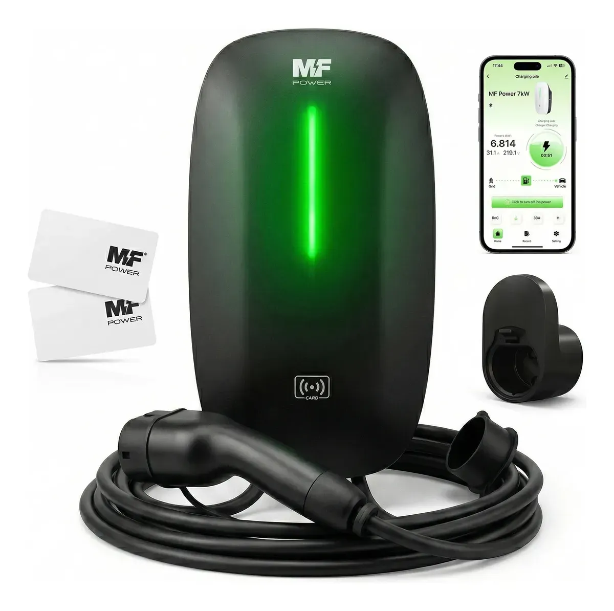 Carregador de parede MF Power 7kW preto com luz verde, cabo Tipo 2, suporte de parede, cartões RFID e app no celular